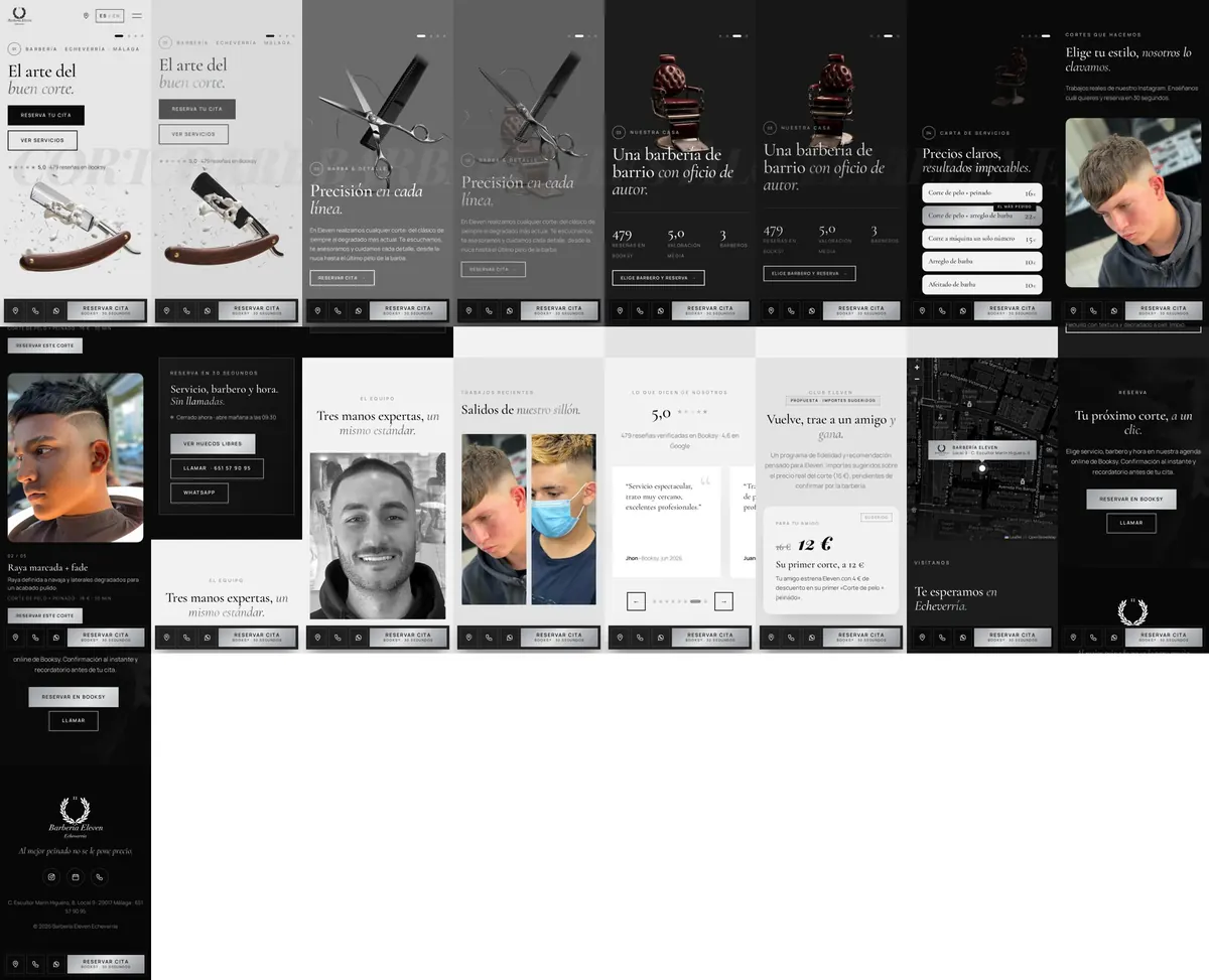 Contact sheet of the Barbería Eleven concept on mobile