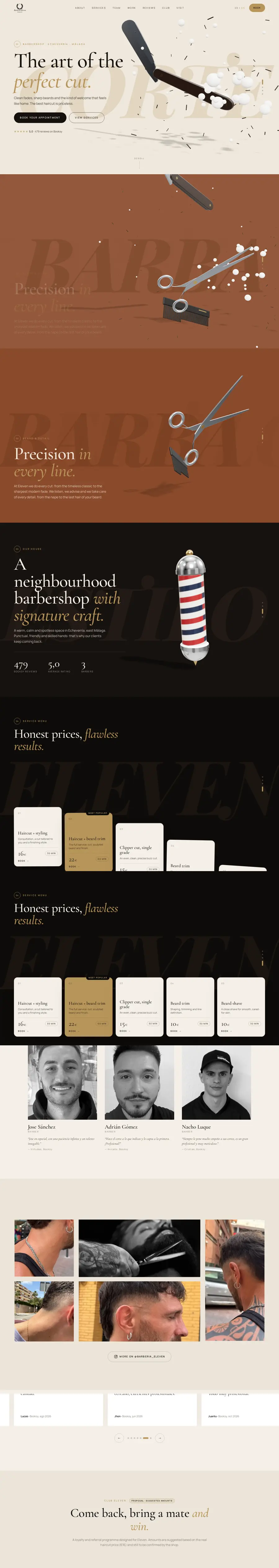 Full-page screenshot of the Barbería Eleven website concept